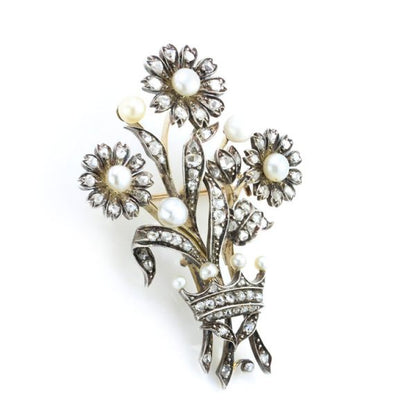 Antique Early Victorian Pearl and Rose Cut Diamond Flower Spray Brooch, 2 carats