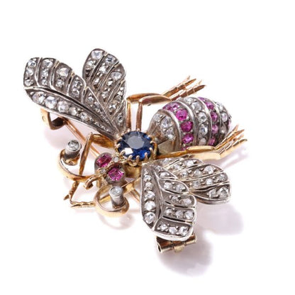 Antique Victorian Rose Cut Diamond, Ruby and Sapphire Insect Brooch