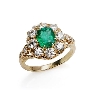 Antique ring 0.85ct Oval Emerald and Old Cut Diamond Cluster Ring 18ct Yellow Gold