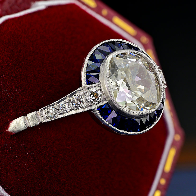 1.10ct Old Mine Cut Diamond and Sapphire Target Engagement Ring in Platinum