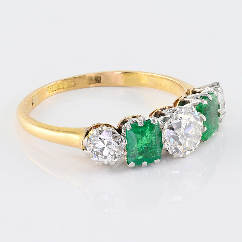 Art Deco Emerald and Old Cut Diamond Five Stone Ring in 18ct Yellow Gold