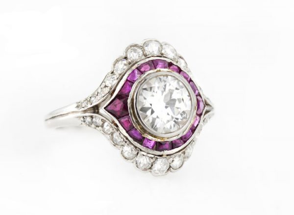 Vintage 3ct Diamond and Ruby Cluster Ring in Platinum