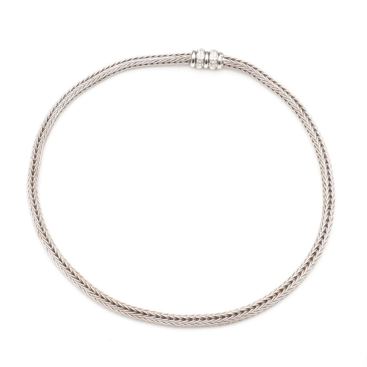 La Pepita 18ct White Gold Woven Wheat Necklace with Diamond Clasp