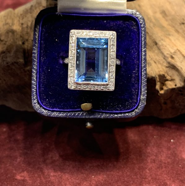 Art Deco 7ct Santa Maria Aquamarine and Diamond Cluster Rectangular Dress Ring