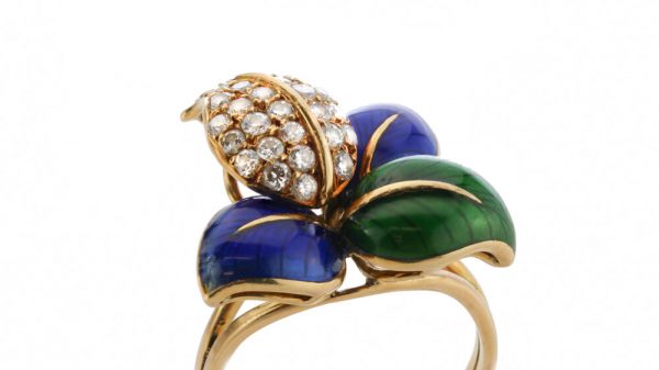 Faraone Blue and Green Enamel and Diamond set Stylised Leaf Ring and Earring Suite, in 18ct Yellow Gold, with original box