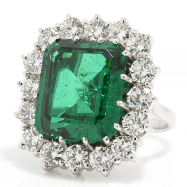 9ct Emerald Cut Natural Green Tourmaline and Diamond Cluster Ring