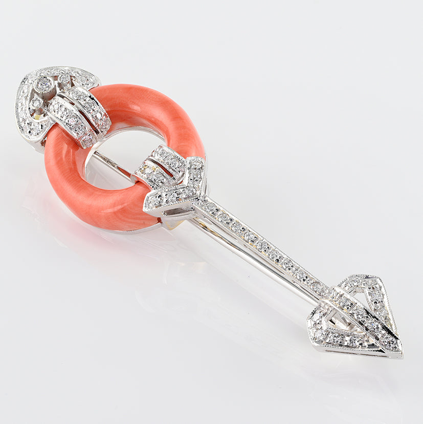 Vintage 1940s Coral and Diamond Arrow Brooch