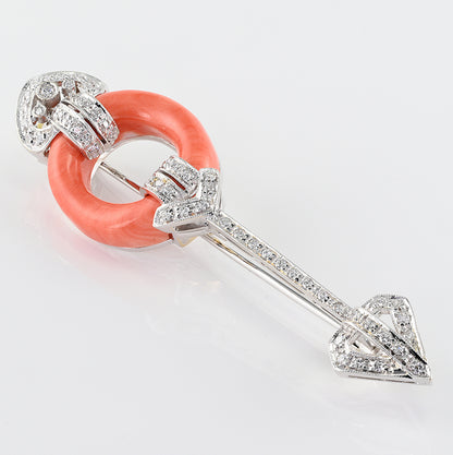 Vintage 1940s Coral and Diamond Arrow Brooch