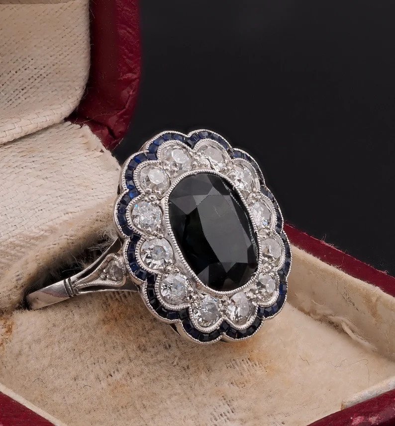 Antique Edwardian French 3ct Natural Sapphire Diamond Platinum Floral Cluster Ring