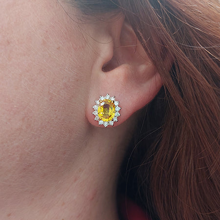 4.20ct Oval Yellow Sapphire and Diamond Cluster Stud Earrings