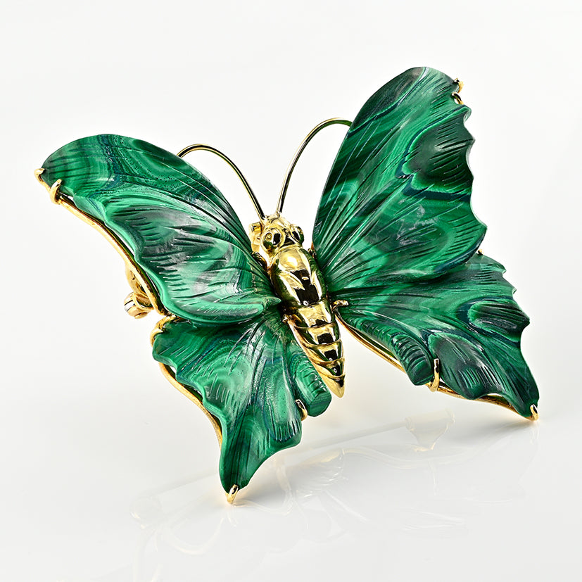 Vintage Carved Malachite Butterfly Pendant Brooch 18ct Yellow Gold