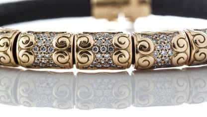Saisei Japanese 3.75ct Diamond and 18ct Yellow Gold Set Leather Bracelet; Made by Saisei in Japan, Circa 2000s