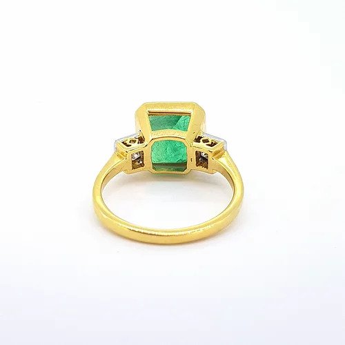Octagonal Cut Emerald and Diamond Three Stone Ring, 18ct Yellow Gold