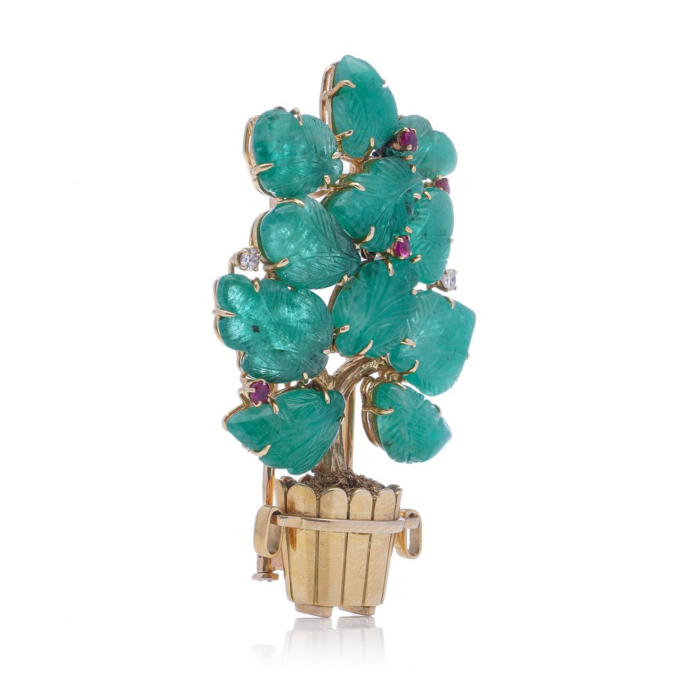 Vintage 1940s Lacloche Freres Carved Emerald Brooch by Jean Thierry Bondt with Rubies and Diamonds