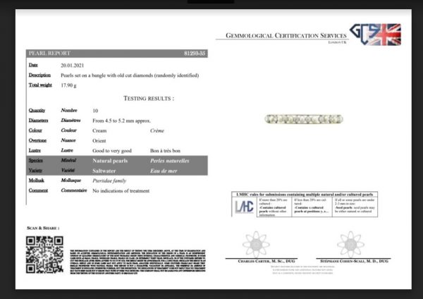 Antique Edwardian Natural Pearl and Old Cut Diamond Bangle Bracelet; set with natural saltwater pearls and 2.75cts old cut diamonds, in 15ct gold and platinum, with GCS certificate