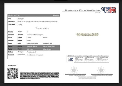 Antique Edwardian Natural Pearl and Old Cut Diamond Bangle Bracelet; set with natural saltwater pearls and 2.75cts old cut diamonds, in 15ct gold and platinum, with GCS certificate