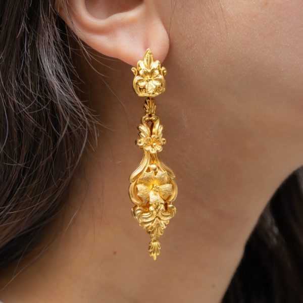 Antique Georgian Gold Ornate Drop Earrings, Circa 1820