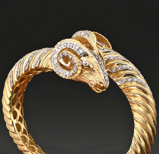 Vintage Italian Diamond and Gold Double Rams Head Bangle Bracelet