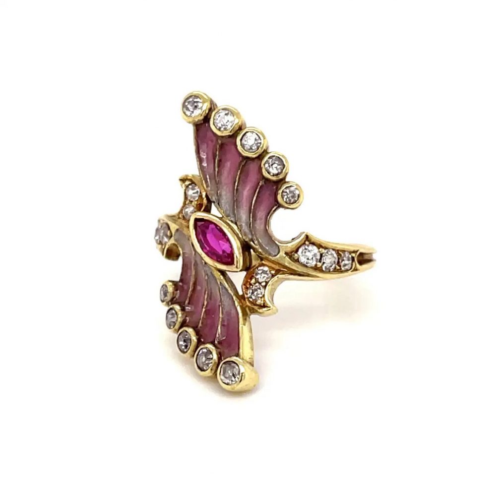 Art Nouveau Pink Plique a Jour Enamel Ruby and Diamond Ring