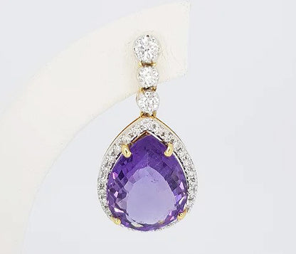 Amethyst and Diamond Drop Earrings; pear-shaped rose-cut amethysts, surrounded by diamonds, graduated diamond set drop, 18ct yellow gold.