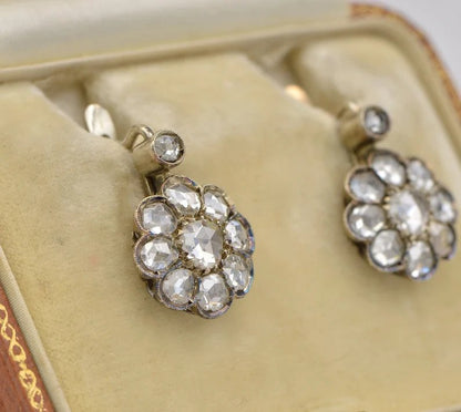 Antique Victorian 3.8ct Rose Cut Diamond Cluster Drop Earrings