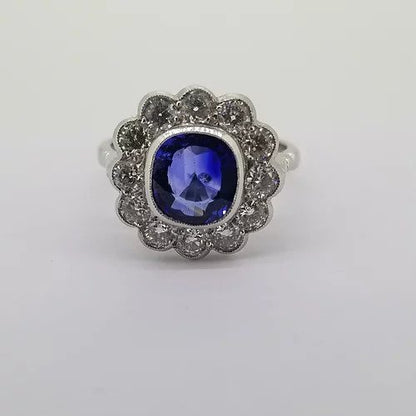 Cushion Cut Sapphire and Old Cut Diamond Floral Cluster Ring, 2.25cts