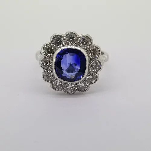 Cushion Cut Sapphire and Old Cut Diamond Floral Cluster Ring, 2.25cts