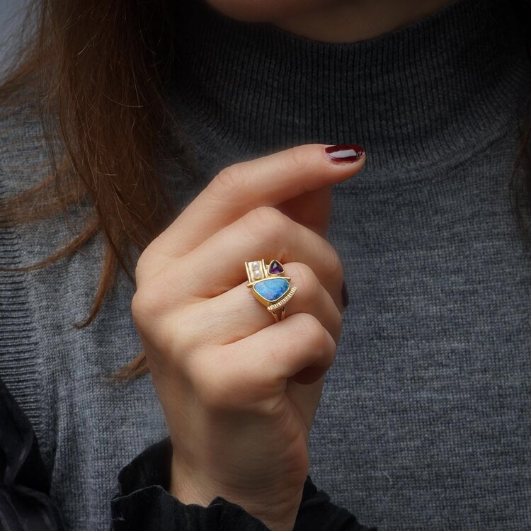 Vintage Black Opal Amethyst and Pearl Dress Ring in 18ct Yellow Gold