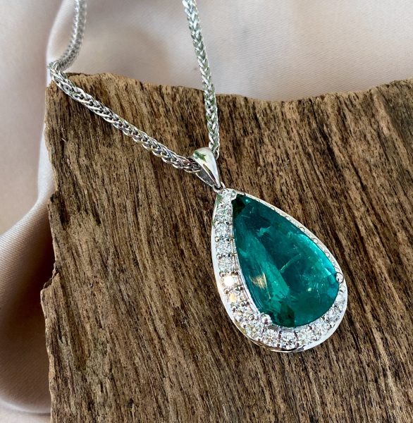 8.11ct Emerald and Diamond Pear Shaped Cluster Pendant by David Jerome