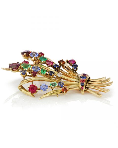 Vintage French Tutti Frutti Multi Gemstone Spray Brooch in 18ct Yellow Gold, Circa 1950-1960s