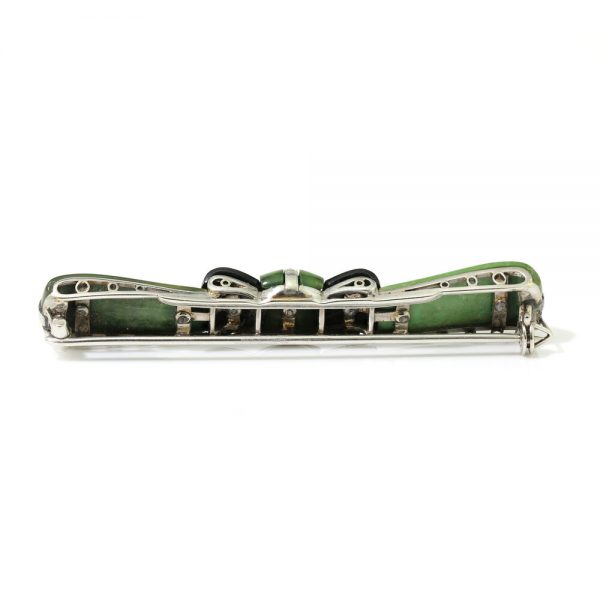 Art Deco Jadeite, Onyx and Old Cut Diamond Bow Brooch in Platinum