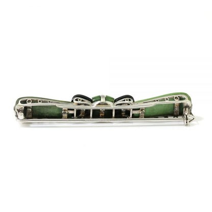 Art Deco Jadeite, Onyx and Old Cut Diamond Bow Brooch in Platinum