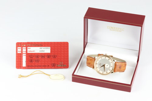 Omega De Ville Prestige 18ct Rose Gold 39mm Automatic Chronometer, Ref 4614.30.02, silver dial, Roman numerals, small seconds, sapphire crystal, on a brown leather strap with 18ct Omega pin buckle, with Omega papers and tag