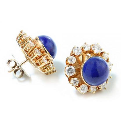 Vintage Lapis Lazuli and Diamond Cluster Day and Night Earrings; round cabochon-cut natural lapis lazuli surrounded by removeable 2.46ct diamond cluster, in 18ct yellow gold, Circa 1970s
