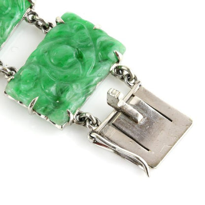 Vintage 1970s Carved Jadeite Jade Panel Bracelet in White Gold