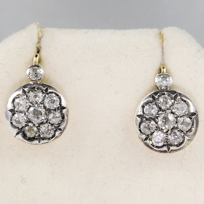Victorian Antique 1.80ct Old Mine Cut Diamond Cluster Drop Earrings