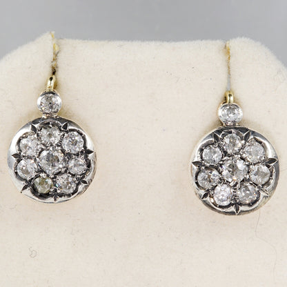 Victorian Antique 1.80ct Old Mine Cut Diamond Cluster Drop Earrings