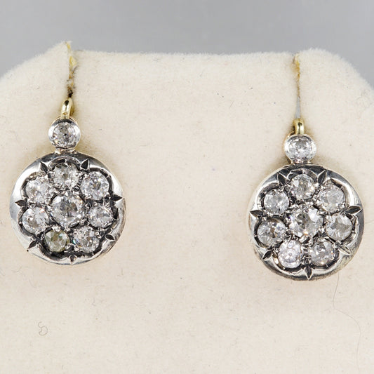 Victorian Antique 1.80ct Old Mine Cut Diamond Cluster Drop Earrings