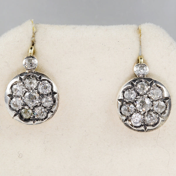 Victorian Antique 1.80ct Old Mine Cut Diamond Cluster Drop Earrings