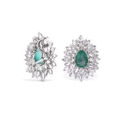 Pear-Shaped Old Cut Emerald and Diamond Floral Cluster Earrings, 22.07 carat total, 18ct White Gold. Emerald total 8.88cts. Total diamond weight 13.19cts.