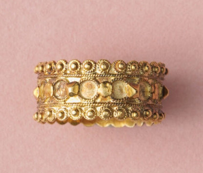 18th Century Antique Georgian Gold Ring; A rare wide gold band ring, engraved decoration, Signed by Adrianus van Velthoven II, Utrecht, 1781.