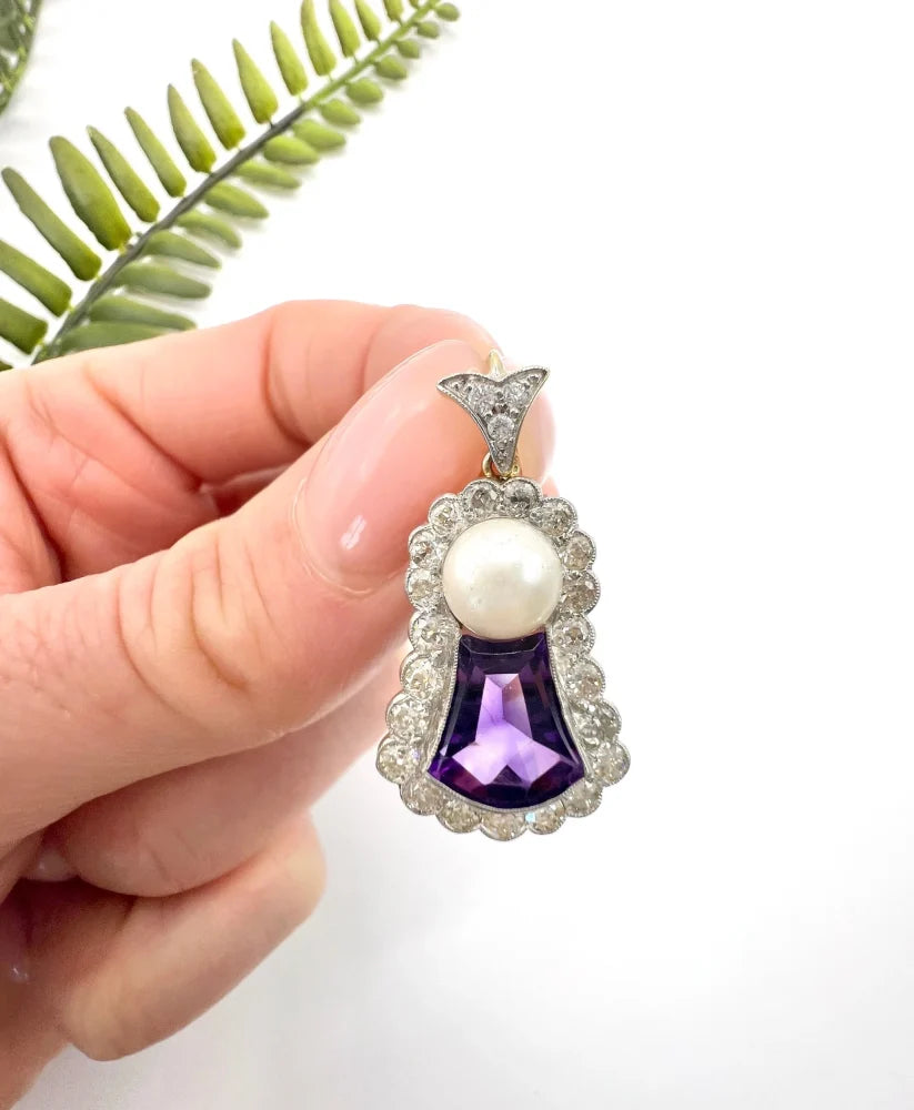 Antique Amethyst, Diamond And Pearl Pendant in 18 Carat Gold and Platinum