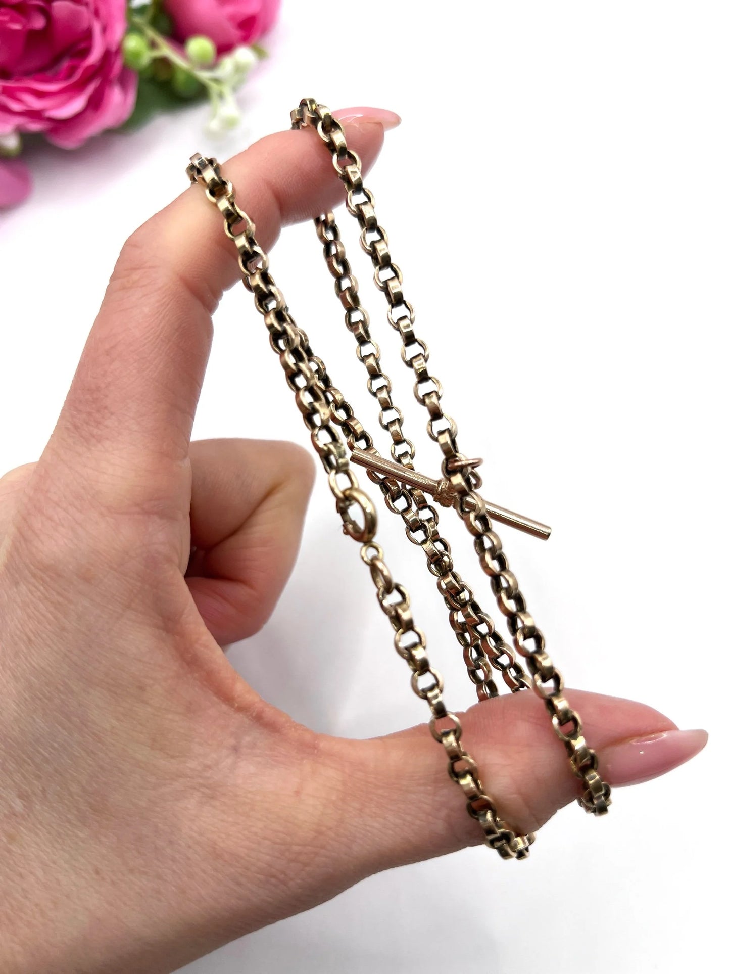 Victorian 9 Carat Rose Gold Rolo Link Albert Chain Necklace, Circa 1880