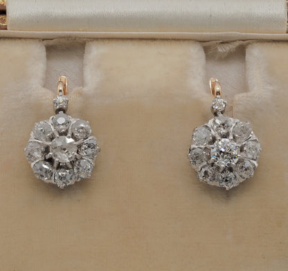 Antique Edwardian 2.1ct Old Mine Cut Diamond Cluster Drop Earrings