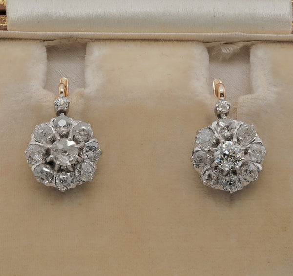 Antique Edwardian 2.1ct Old Mine Cut Diamond Cluster Drop Earrings
