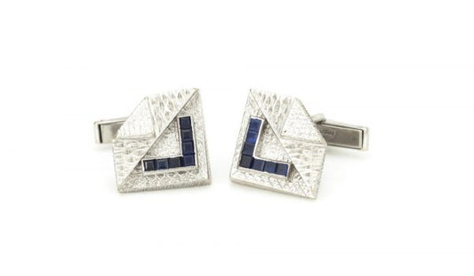 Vintage Kutchinsky Sapphire and 18ct White Gold Cufflinks, set with 0.70cts square-cut sapphires, Made in London 1965, Fully hallmarked.