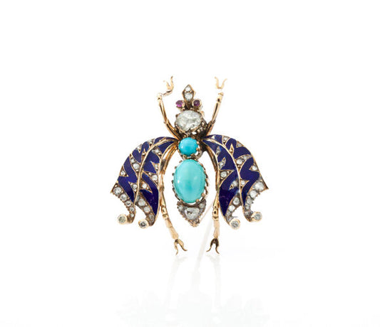 Antique Victorian 15ct Yellow Gold Insect Bug Brooch; set with turquoise stones for the body, wings detailed with blue enamel and rose-cut diamonds, accented with ruby set eyes. Circa 1860s