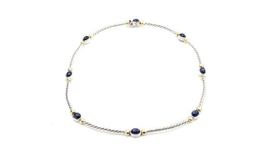 Vintage Cabochon Sapphire and 18ct White Gold Necklace; eight cabochon blue sapphires on 18ct white gold rope twist design, 6.00 carat total, Circa 1970s.
