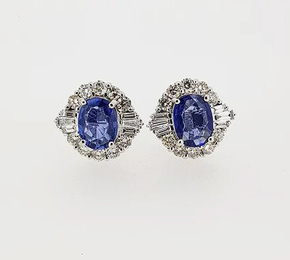 Art Deco Style Sapphire and Diamond Cluster Earrings; 2.30ct oval sapphires surrounded by 1.11cts mixed-cut diamonds, detailed 750 for 18ct