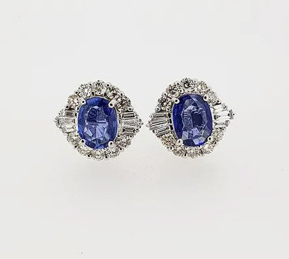 Art Deco Style Sapphire and Diamond Cluster Earrings; 2.30ct oval sapphires surrounded by 1.11cts mixed-cut diamonds, detailed 750 for 18ct